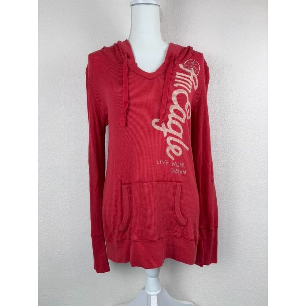American Eagle women's XL red Y2K waffle knit long sleeve hooded henley pullover